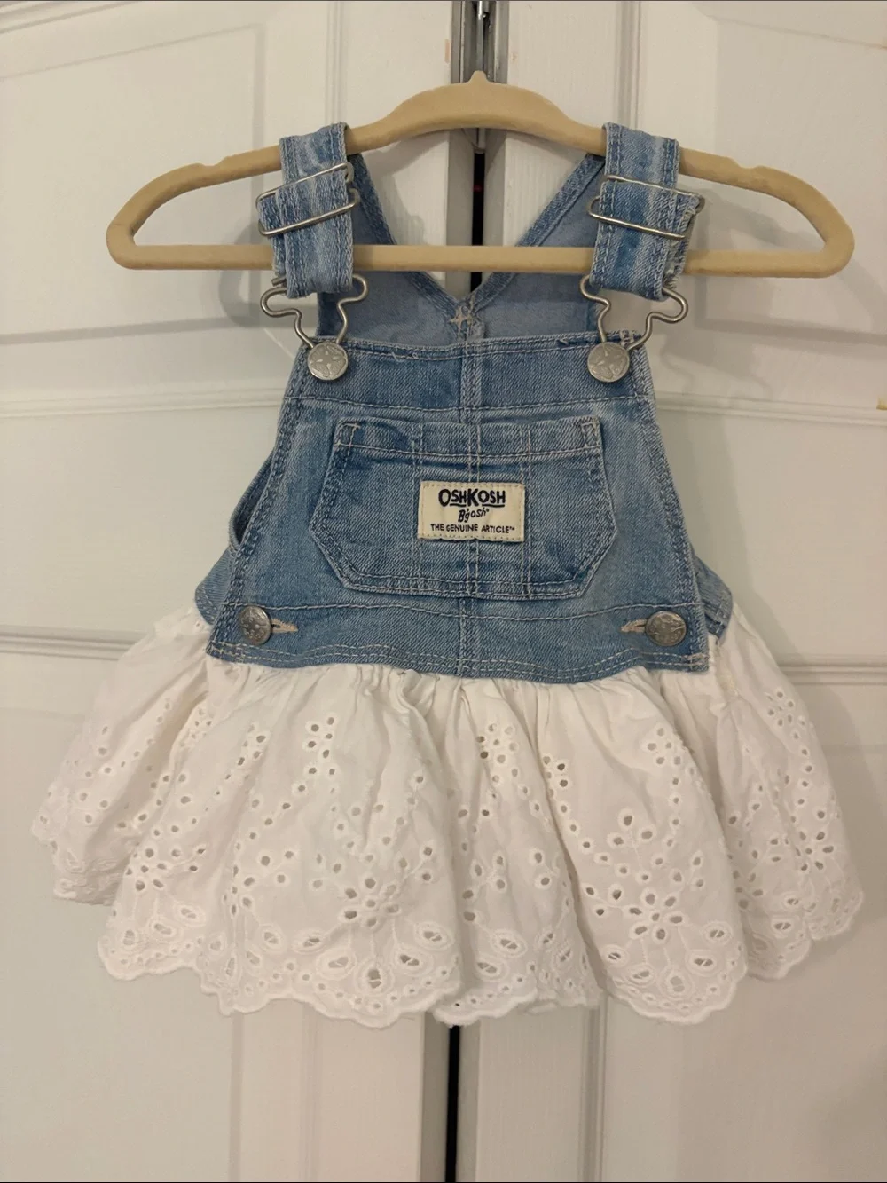 OshKosh B'gosh Denim Overall Dress Light Blue and White Eyelet Ruffles 6 Months